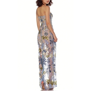 Robe longue bustier en maille brodée florale à sequins pour femme - Robe moulante transparente superposée tendance - Product Image 2