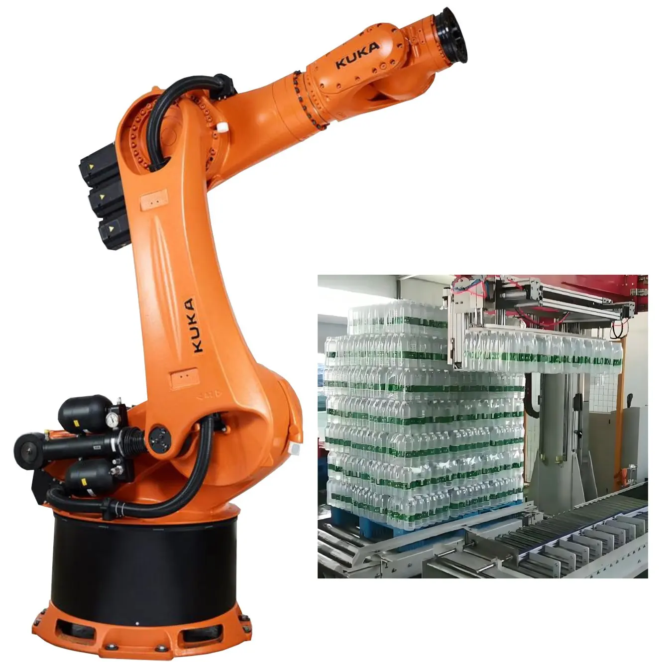 Automatic Water Bottle Palletizer Conveyor Robot Palletizing Arm Gripper KUKA Industrial Robot Packaging Line