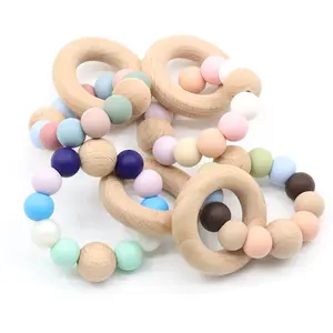 Beech Kayu Bayi Teething Ring Silikon Manik-manik Kayu Gelang Mainan Gigi