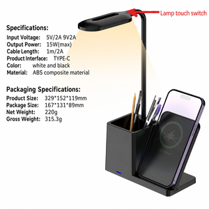 Lampe de bureau à charge sans fil avec support pour stylo, bras flexible, gradation tricolore, commande tactile, chargeur sans fil 3-en-1 15W, design moderne - Product Image 3