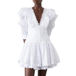 Vestido corto de mujer estilo corte francés 2025 con cuello en V y manga abullonada encaje bordado cintura lavable adelgazante para verano - Product Image 5