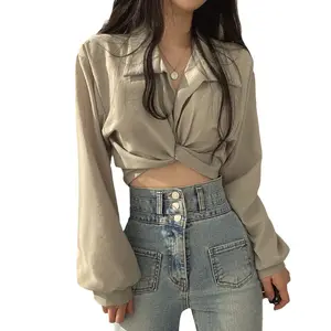 Plus Size Women's South Korea Chic Back Lace-up Knot Navel Short Shirt