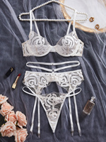 Ensemble de lingerie de mariée de luxe blanc, broderie florale, soutien-gorge, culotte, jarretière, sans armatures, maille, taille basse, bretelles réglables, léger