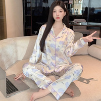 Pakaian Tidur Wanita Motif Garis Pink Bahan Satin Lengan Panjang Set Baju Rumah Ukuran Asia M L XL 2XL