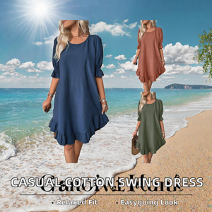Robe midi décontractée pour femme en lin et coton, col rond, manches bouffantes, ourlet à volants, coupe ample, couleur unie, pour l'été et le quotidien - Product Image 2