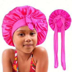 Custom Logo Children's Outdoor Sleep Bonnet with Elastic <b>Tie</b> Solid Color Night Hat Daily Wear Satin Four Seasons Use - Product Image 1