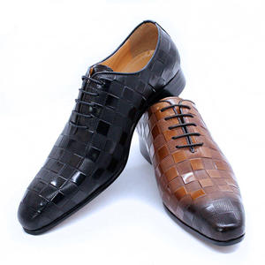 Luxurious Italian Oxford style handmade checkered print lace-up black-brown men's business custom Dress Shoes&Oxfords - Product Image 3