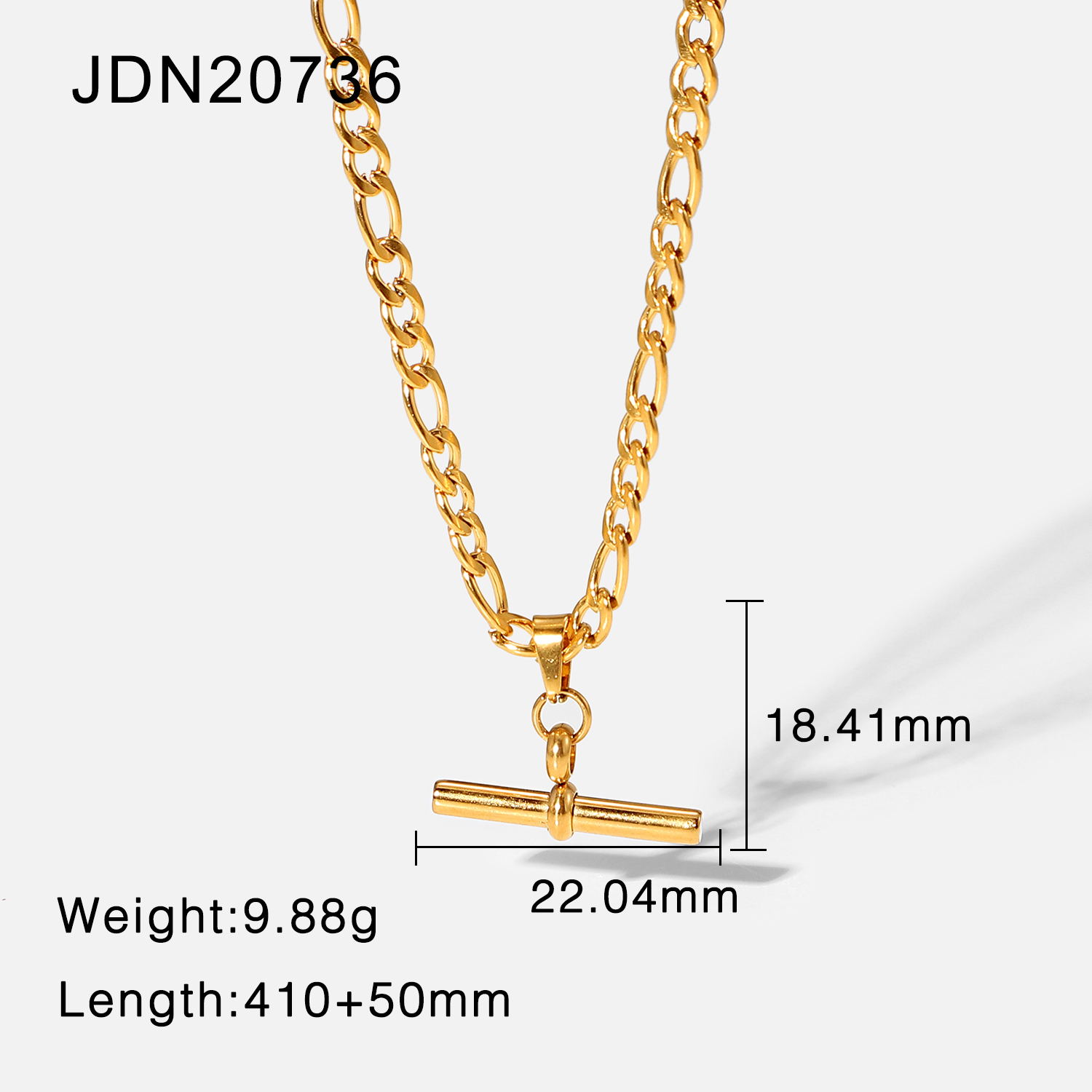 Tarnish Free 18K Figaro Chain T-Bar Pendant Necklace