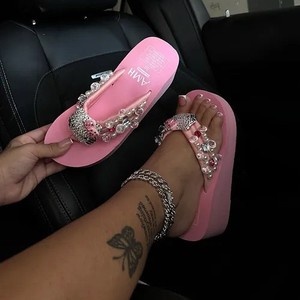 Trendy Cute Kitten Thick-soled <b>Flip</b>-<b>flops</b> with Rhinestones Ladies and Girl Pearls for Summer Beach Sandals - Product Image 3