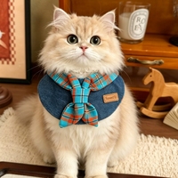 Bavoir pour animaux de compagnie (chats et chiens) - Serviettes absorbantes pour chiens et chats avec accessoire tablier à nouer en jean à carreaux pour la décoration photo