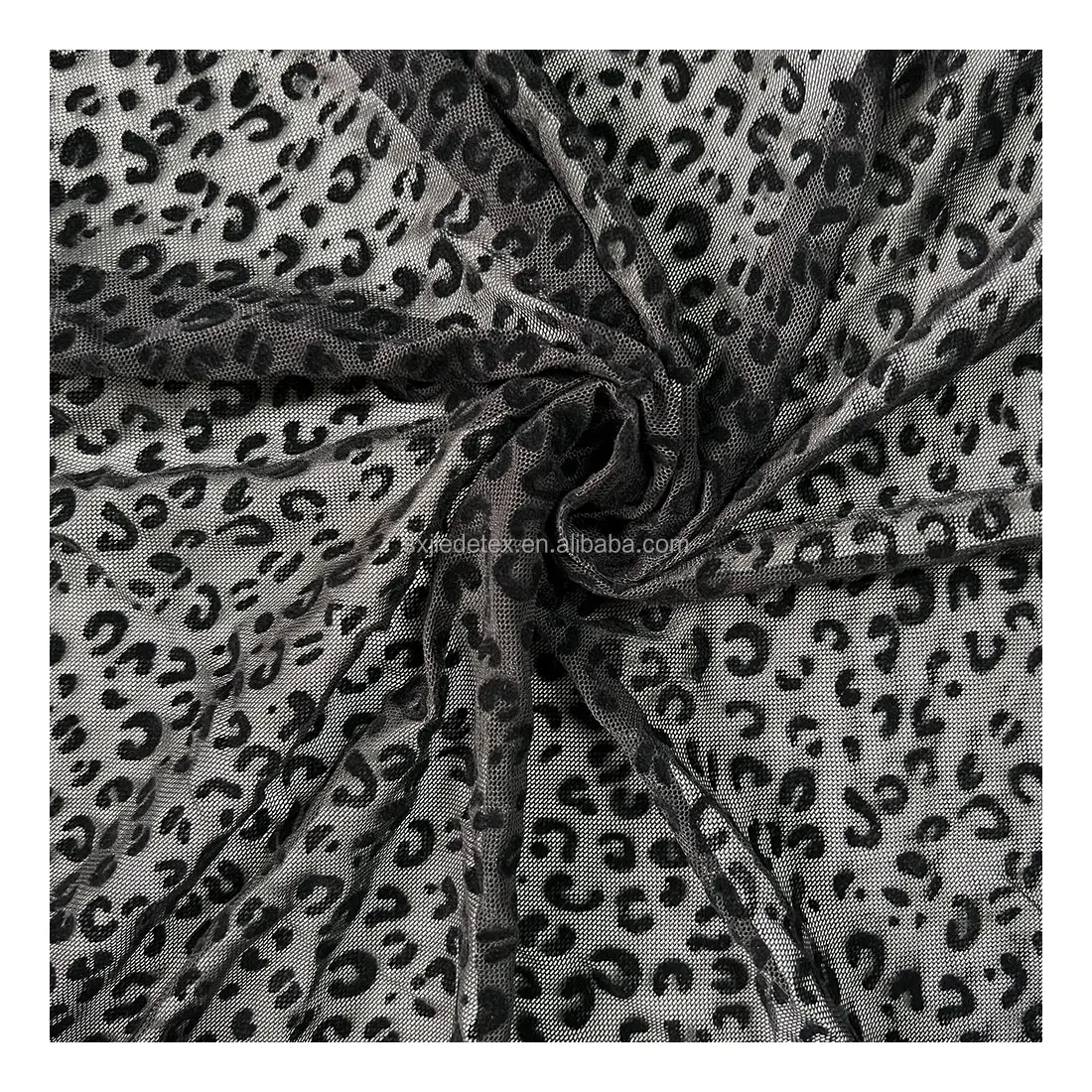 Eco-friendly Wholesale stretch flocking african lace fabric leopard print new design mesh net fabric flocking for dress