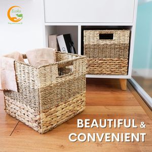 Natural Foldable Seagrass <b>Square</b> <b>Baskets</b> Foldable Home Storage <b>Basket</b> Woven Storage <b>Basket</b> Storage Cube Bins - Product Image 3