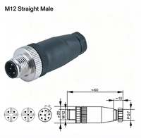 Connecteur industriel droit M12 étanche IP67 à bornes à vis avec verrouillage fileté, contacts en laiton plaqué or, 4/5/8 broches