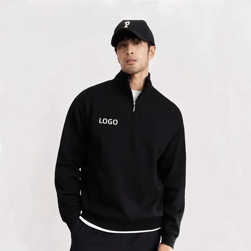 High Quality Custom Cotton 1/4 Zip Up Sweatshirt For Men Casual Oversize Stand Collar Training Wear Pullover Hoodie