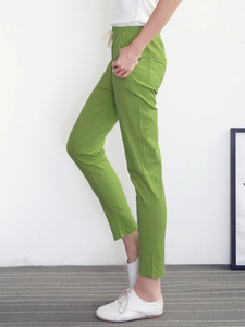2023 primavera estate pantaloni Harem verdi pantaloni Harem in vita elastici solidi pantaloni morbidi da donna di alta qualità pantaloni da donna in <span class=keywords><strong>lino</strong></span> di cotone - Product Image 5