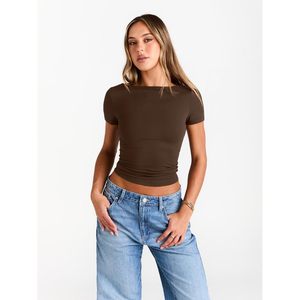 Haut court moulant à col bateau et manches courtes pour femme, en tricot de compression élastique en Spandex et Polyester, idéal pour l'été et le quotidien - Product Image 2