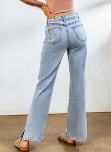 Dear-Lover Vente en gros Jeans évasés pour <span class=keywords><strong>femme</strong></span> bleu ciel taille haute à fente à la cheville - Product Image 3