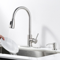 Robinet de cuisine extractible en acier inoxydable 304 avec distributeur de savon et plaque de fixation, nickel brossé