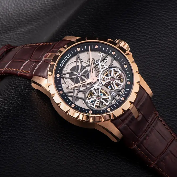 Popular Design Skeleton Dial Mechanical Watch Rose Gold Automatic Luxury Black Hollow Mechanical High-End Men Watch Big Dial