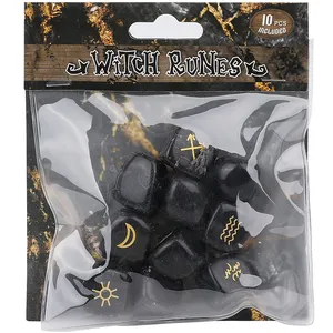10pcs per Bag Engraved Wicca Black Obsidian Quartz Tumbled Stones Witch Rune Stones