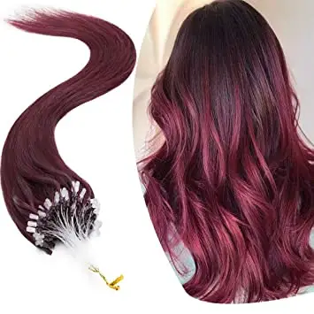Micro Ring Loop-Peluca de cabello Remy para mujer, cabello con punta de pescado, varilla fría, extensión de cabello Real liso Natural, color vino tinto