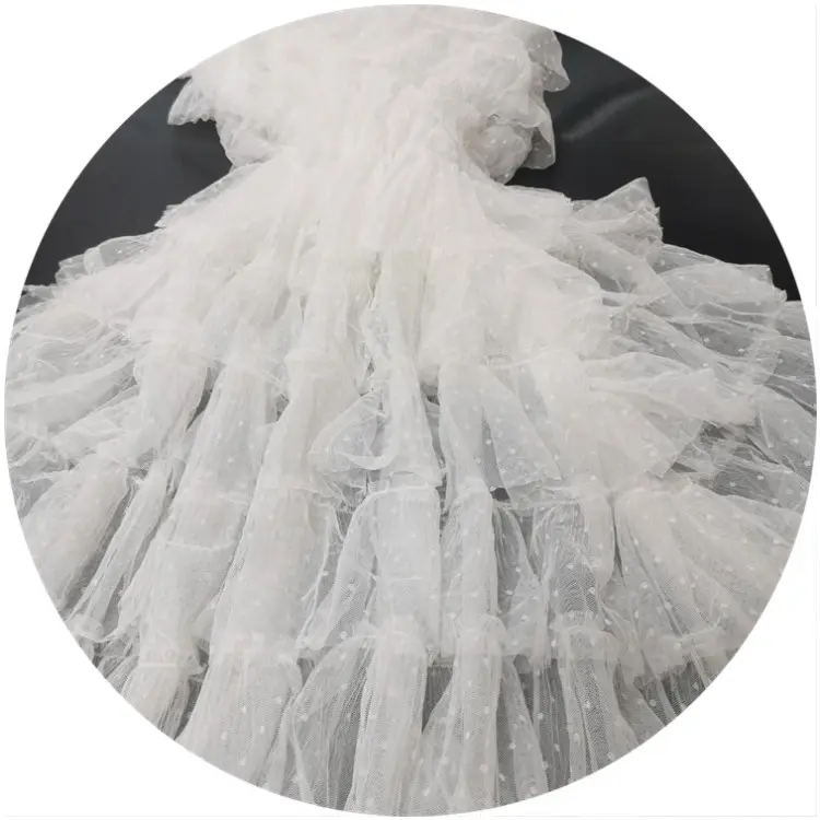 Best selling breathable material 2022 new white dot design pleated ruffles fabric for clothing