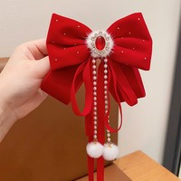 Nouvel an épingle à cheveux enfants arc cheveux accessoires fille rouge velours ruban arc épingle à cheveux noël arc pince à cheveux avec pompon blanc