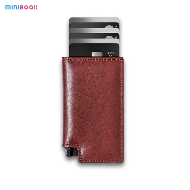 New Unisex Sale Real Leather RFID Card Wallets With Aluminum Bank Visa Id Card Box Metal Card Holder Auto Pop up Purse RFID