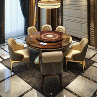 Table à manger rotative de luxe haut de gamme avec bordure en bois et strass, plateau en marbre, pieds en acier inoxydable, mobilier de maison