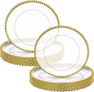 Platos Base Transparentes de 13 Pulgadas al por Mayor, Platos Base Redondos con Cuentas, Platos Base Decorativos de Plástico con Borde Dorado - Product Image 1