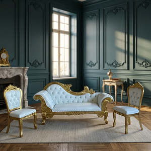 Victorian Style Gold Frame Blue Fabric <b>Sofa</b> Set with Two Chairs Stackable & Eco-Friendly for Commercial Hotel Use - Product Image 5