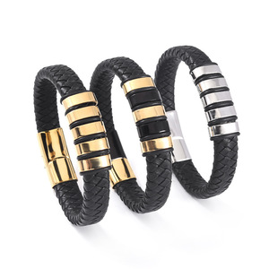 Stylish Men's <b>Leather</b> Wristband With Magnetic Clasp | Braided <b>Leather</b> <b>Bracelet</b> with Gold Black or Silver Stainless Steel Accents - Product Image 1