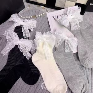Women Ankle <b>Socks</b> White <b>Black</b> Gray Lace Bow Breathable Polyester Fiber Sweat Absorbing Solid Color Youth 18 40 Years Old - Product Image 1