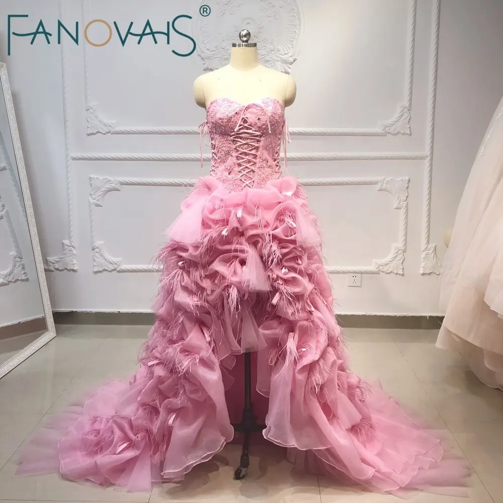 Ruolai ASAR-1001 Top-Design Luxus rosa Straußenfedern Abendkleid Schatz kurze Front langer Rücken Abendkleid