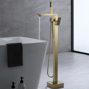 Unique Design Hot and Cold Water Bathtub Tap Floor Standing Brushed Gold Finish Brass Bath Tub Faucet