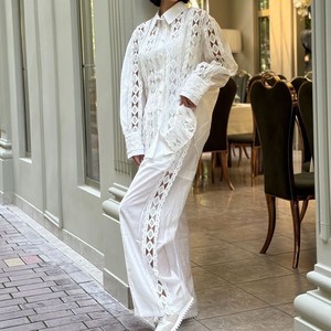 New Hollow Crochet Lace Splicing Long-sleeved Shirt High-waisted Wide-legged <b>Pants</b> Women's Casual 2-piece Set Fashion - Product Image 3