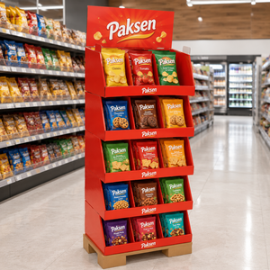   Expositor de cartón corrugado escalonado para patatas fritas y galletas, impresión HD, montaje rápido y alta capacidad de carga para hipermercados - Product Image 1