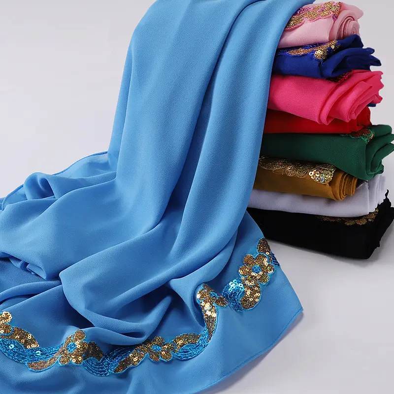 HZW-24015 New Plain Color Pearl Chiffon Hijabs Scarves Muslim Women Long Soft Chiffon Head Wrap Sequin Shimmer Shawls Hijabs
