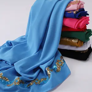 HZW-24015新款素色珍珠雪纺头巾围巾穆斯林女性长柔软雪纺头包亮片披肩披肩头巾