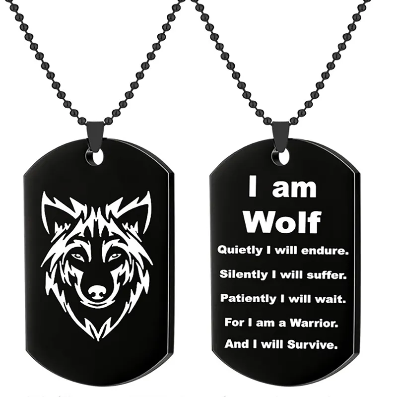 Gegraveerde Wolf Hoofd Dubbelzijdige Hanger Ketting Zwart Roestvrij Staal Dog Tag Kettingen Voor Mannen Sieraden