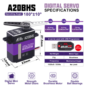 มอเตอร์ AGFRC กำลังสูง 10.4 กก. แรงบิดสูง เกียร์เหล็ก 21 กรัม 0.055 วินาที 8.4V ดิจิตอล โปรแกรมได้ สำหรับรถบังคับวิทยุ เครื่องบิน หุ่นยนต์ - Product Image 4