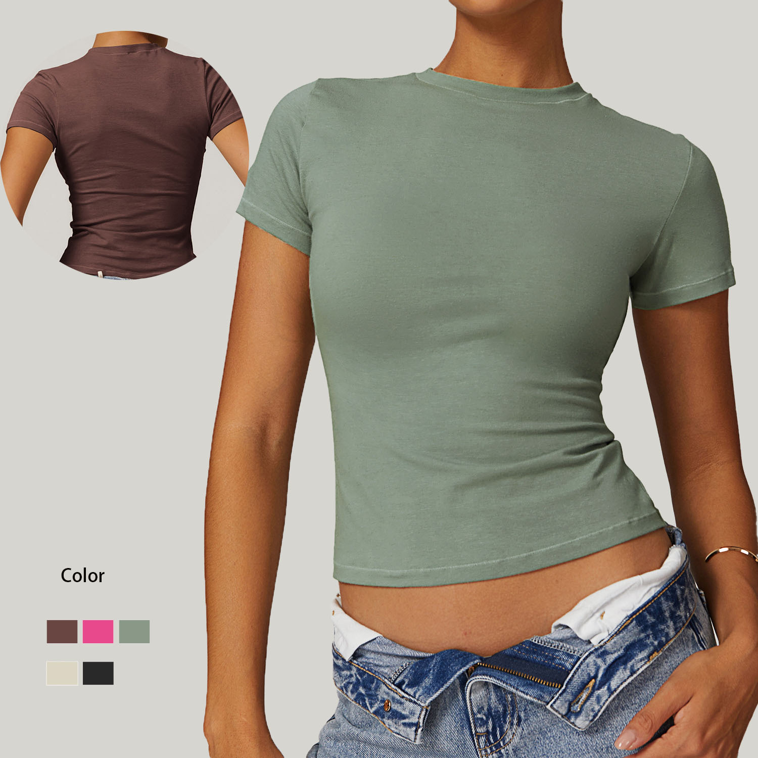 Women Solid Color Biker Outdoor Exercise Tops Lady Casual Round Neck Running Gym Crop Top Female Gather Sports T Shirts