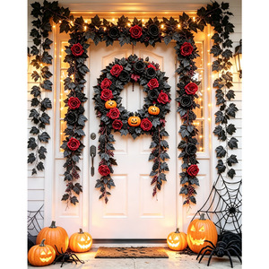 Guirlande d'Halloween en rotin noir avec roses et feuilles d'érable artificielles pour décoration extérieure de porte, porche et fête - Product Image 1
