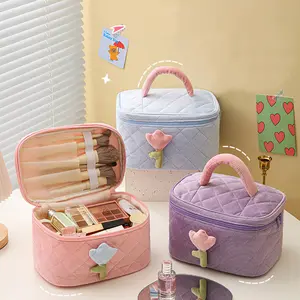 3d Bloem Quilting Carryall Zachte Schattige Make-Up Tas Draagbare Corduroy Rits Bloemen Gewatteerde Make-Up Tas