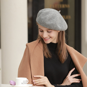 Bonnet béret en feutre de laine pour femmes, couleur unie, tricot français pour filles vente en gros - Product Image 2