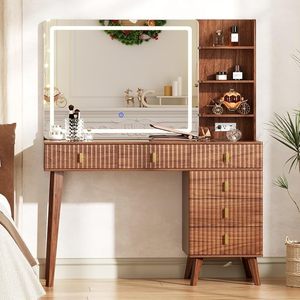 PHOENIX HOME Modern Glass Top <strong>Dressing</strong> <strong>Table</strong> <strong>Large</strong> <strong>Mirror</strong> 6 Drawers Storage Shelves Walnut Fluted Makeup Vanity Desk - Product Image 1