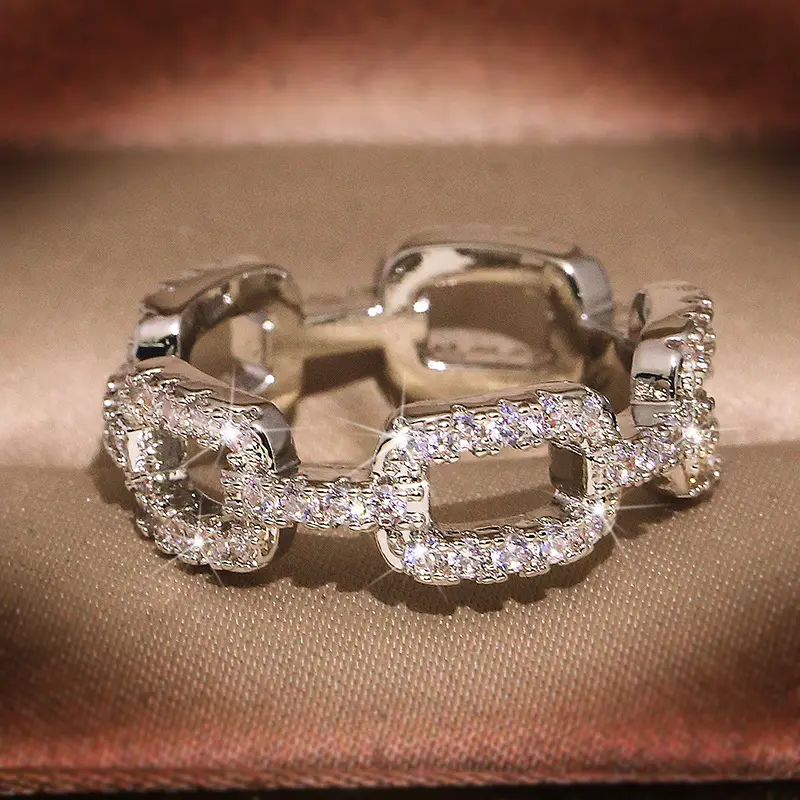Популярные свадебные украшения, креативное кольцо-цепочка из нержавеющей стали, геометрическое кольцо со стразами для женщин