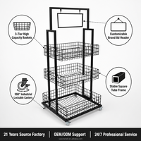 Étagère de présentation à 3 niveaux en fil métallique avec porte-panneau, support métallique pour supermarché, magasin de détail, présentoir de snacks mobile avec roulettes