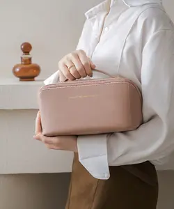 Bolsa de maquiagem personalizada de couro pu, saco cosmético impermeável para viagem, de higiene pessoal