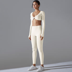 Spor giyim 2 adet uzun kollu üst Yoga tozluk kadınlar için aktif giyim Set spor Fitness setleri - Product Image 4